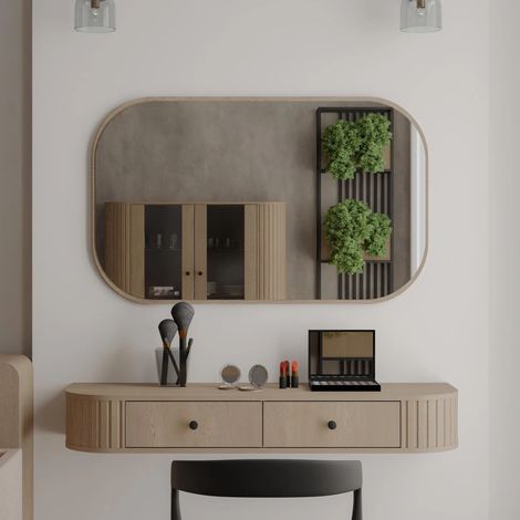AX LIVING Schminktisch Halay Eiche Cremona 2 Schubladen mit runden Kanten + Rechteckiger Spiegel