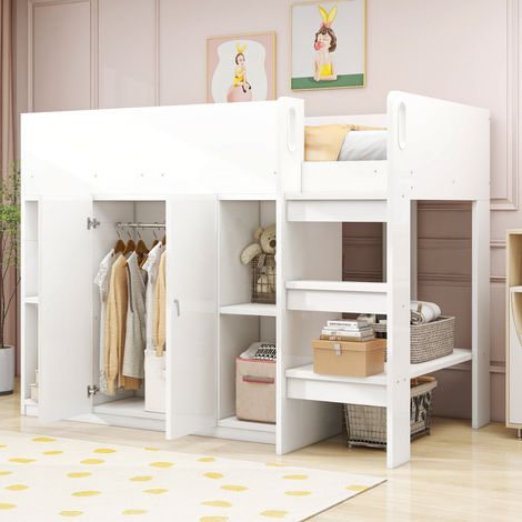 Tanant – Lit mezzanine 90 x 200 cm – Lit enfant avec penderie et étagères ouvertes – Échelle intégrée – Barrière de sécurité – Bois pin et MDF (1/5)