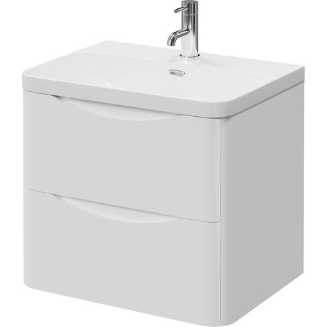Vela Gloss White 600mm Wall Mounted 2 Drawer Vanity Unit with Fina Basin (1/5)