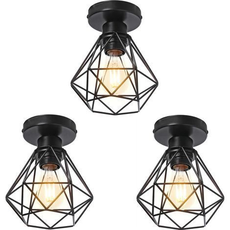 Lámpara de techo industrial vintage E27 con pantalla en forma de diamante Ø16 cm, luminaria colgante para techo, negra, ideal para dormitorio y pasillo — lote de 3 (1/5)