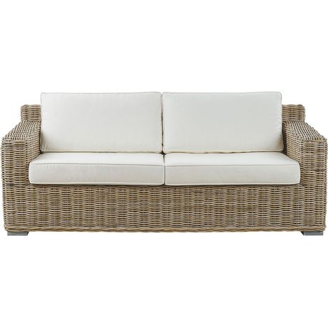 Sofá 2 plazas de ratán natural cojines blancos Ardea (1/5)