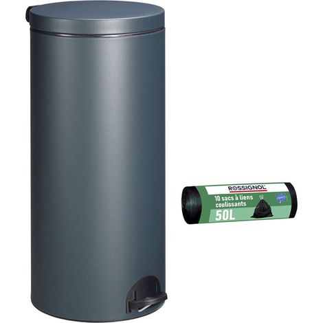 Rossignol – Poubelle à pédale 30L ronde avec seau amovible – Lot de 10 sacs poubelle 50L – Fabrication française – Corps en acier poudré (1/5)