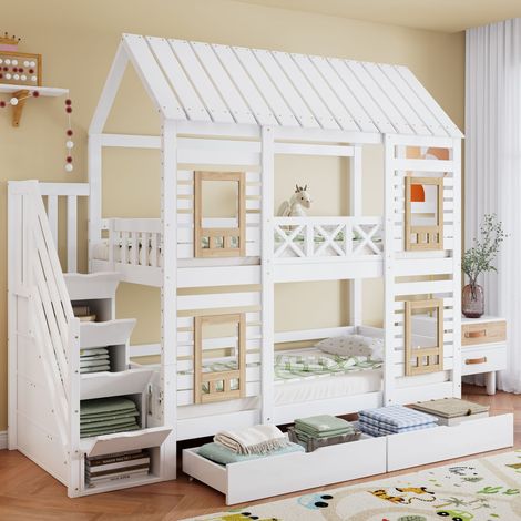 Lit superposé enfant, en MDF, 2 tiroirs, naturel, 90 x 200 cm, pour chambre enfant, fenêtre, échelle 4 rangements, protection anti-chute