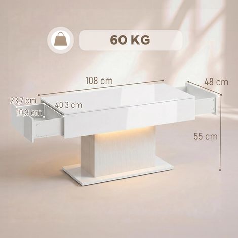 LED Couchtisch mit Stauraum, Hochglanz, Modern, 2 Schubladen & Fernbedienung, Weiß (1/5)