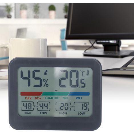 Digitales Thermometer-Hygrometer mit großem HD-Display: Temperatur- und Feuchtigkeitsanzeige für Innenräume, 9,3 x 7,3 cm, Speicher für Maximal- und Minimalwerte, 3 Komfort-LEDs, CR2032-Batterie, Fran (1/5)