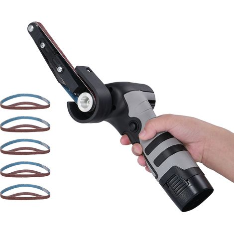 Mini ponceuse à bande électrique Outil de ponçage Corps léger en aluminium avec 10 bandes abrasives (deux de chaque grain : 320/240/180/120/80), vitesse 6500 tr/min (1/5)