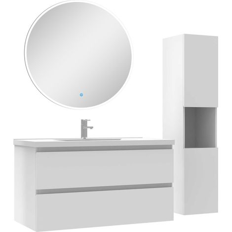 Ensemble meubles simple vasque 100cm,colonne + miroir rond lumineux Blanc (1/5)