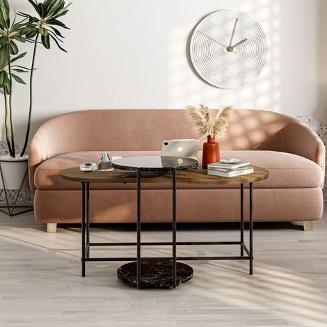 Decortie Table basse moderne Chêne foncé, effet marbre noir mat, ensemble de 2 pièces : table ronde à roulettes et table ovale, pieds en métal (1/3)