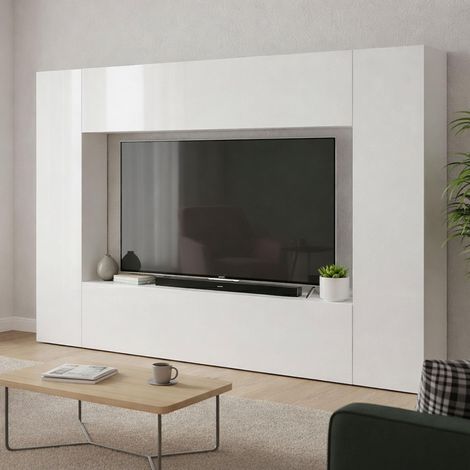 Élément mural, meuble TV 4 portes, meuble de salon polyvalent, 260x30h180 cm, Blanc brillant (1/5)