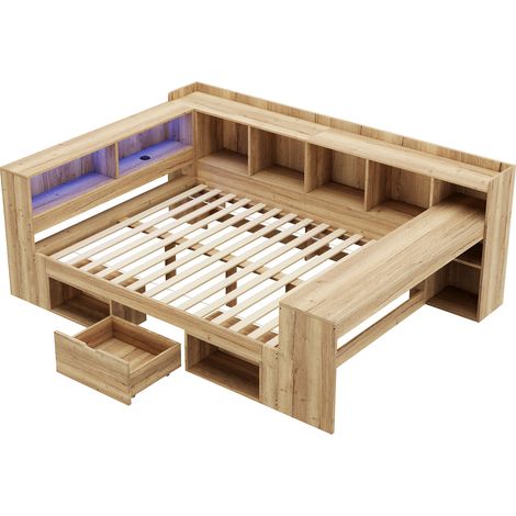 Lit enfant, lit de rangement 140x200 avec éclairage LED, ports de charge USB et bureau, lit simple, lit de jour, lit plateforme en bois en L, lit de jour avec étagères et tiroirs, couleur naturelle (1/5)