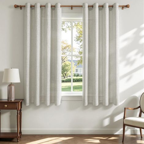 Rideau Effet Lin Voilage Fenetre à Œillets 140 x 160 cm, Rideaux Voilages Courts Tamisants pour Cuisine, Chambre et Salon, Style Naturel, 2 Panneaux, Blanc Crème (1/5)