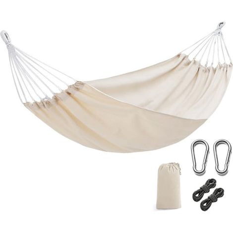 Hamaca de 190 x 80 cm, carga máxima 300 kg, hamaca colgante para exteriores con bolsa de transporte, cuerda y mosquetón, color beige. (1/5)