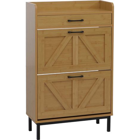 Schuhkipper HHG-877, Schuhregal Schuhschrank, 2 Kippfächer Ablage Schublade MDF 95x60x24cm Bambus-Optik