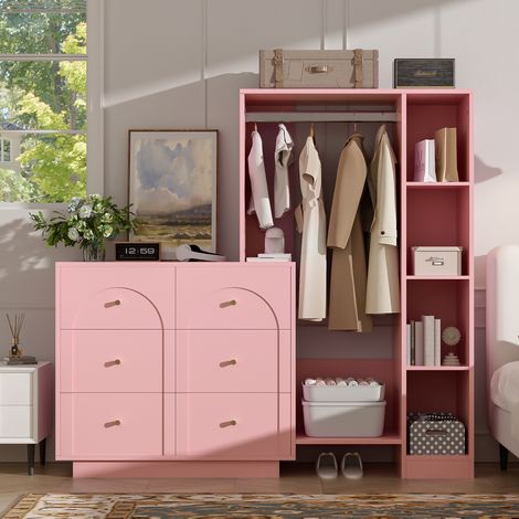 Vestidor abierto con barra, 6 cajones y estantes laterales, 139 x 35 x 133 cm, rosa DESVIAE (1/5)