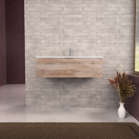 Inda - Badezimmerschrank B.100 mit mattiertem Waschbecken / Natureiche 1 Schublade - Topazio