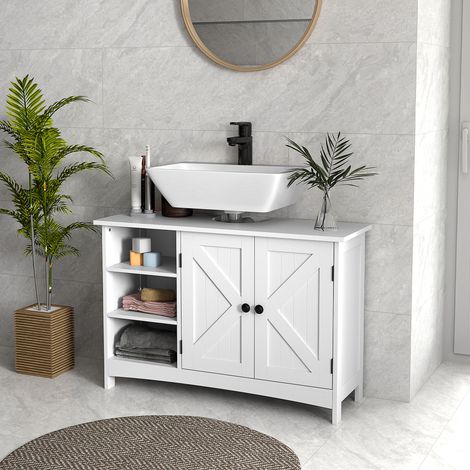 Freistehender Waschtisch, 2-türiger Badezimmerschrank mit 3 offenen Regalböden im Landhausstil aus Holz, 90 x 30 x 60 cm, Weiß