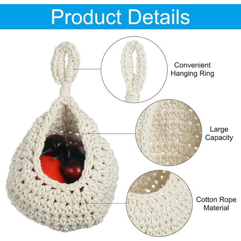 Paniers à Fruits Suspendus Pour La Cuisine Paquet de 2 Mini Taille en Forme de Larme Panier de Rangement Mural Tissé à La Main Pour L'Ail Les Pommes de Terre et Légumes, Beige (1/5)