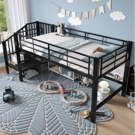 MEUBLIV Cama semialta 90x200 cm negra – escalera con almacenaje, sin colchón (1/5)