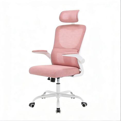 Silla de oficina ergonómica rosa con respaldo alto, reposacabezas, ruedas y función basculante (1/5)