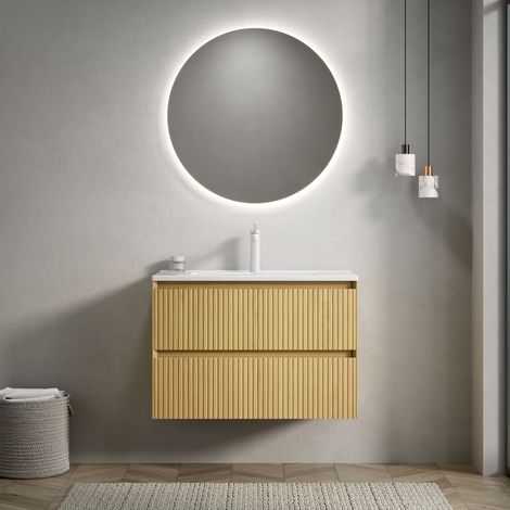 Meuble-lavabo mural de 75 cm, avec 2 tiroirs et vasque rectangulaire en céramique blanche à encastrer, finition bois teinté, design moderne, Naturel (1/5)