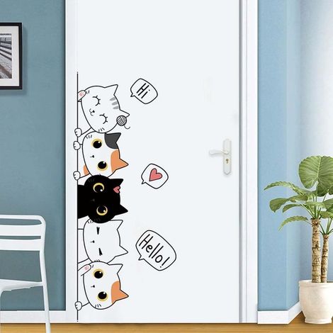 Autocollant mural chat cartoon, décoration murale animaux peints pour chambre enfants, stickers adhésifs déco porte et chambre d'enfant (1/5)