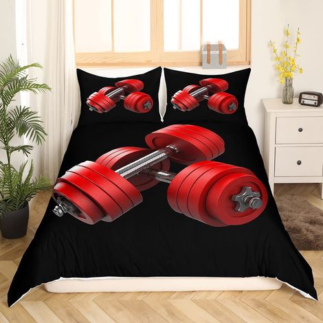 Parure de lit avec housse de couette 3D avec motif d'haltères, équipement de fitness, housse de couette, 135 x 200 cm, avec haltères, thème sport, décoration de chambre à (1/5)