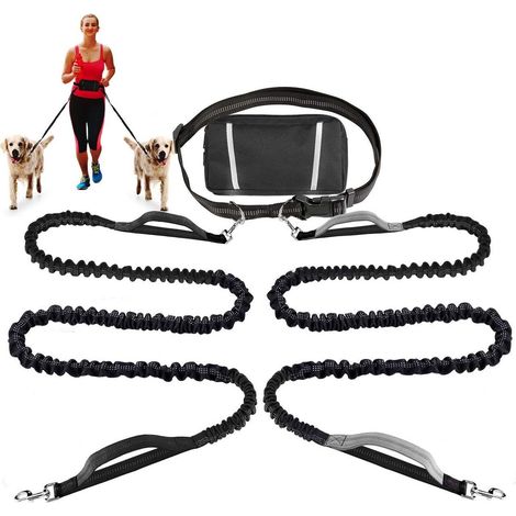 Set guinzaglio per cani - Adatto per due cani contemporaneamente - Versione avanzata a mani libere - Guinzaglio notturno riflettente + Doppi manici imbottiti - Elastico anti (1/5)