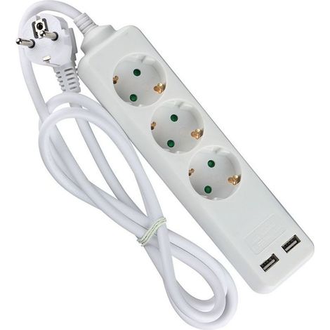 V-TAC Multipresa con Cavo 1,5m 3 Prese 10A 2P + Schuko 2 USB e Spina Schuko Colore Bianco (1/5)