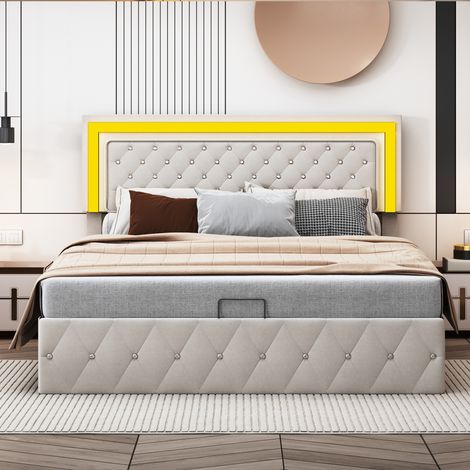 Cama doble de 160 x 200 cm, estilo europeo con LED, hebilla de cristal, canapé hidráulico, cama funcional, cabecero regulable en altura, terciopelo beige. (1/5)