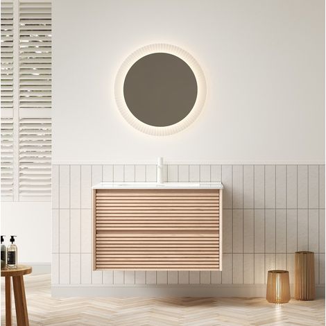 Meuble rangement salle de bain 81 cm double tiroir noyer OKMYHOME (1/5)