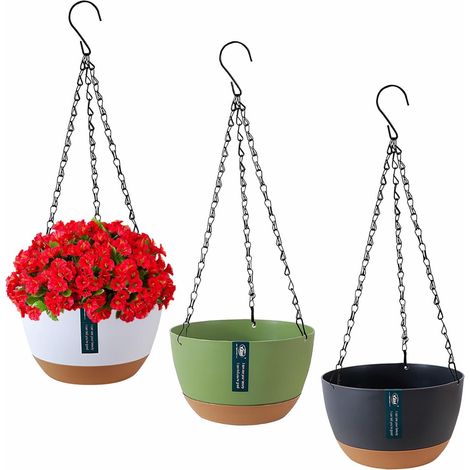 Lot de 3 pots suspendus, résine PP, trous drainage, soucoupes incluses, chaînes fer antirouille, intérieur extérieur
