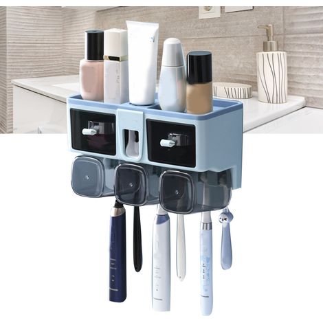 Étagère murale sans perçage pour brosses à dents, porte-gobelets pour bain de bouche, étagère de rangement pour toilettes, bleue, 3 gobelets (1/5)