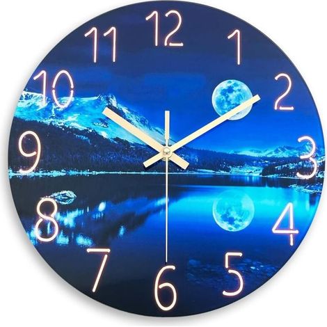 Horloge murale bleue pour chambre à coucher, 30,5 cm, paysage naturel, ronde, analogique, fonctionne à piles, horloge murale lunaire, sans tic-tac,30cm (1/5)