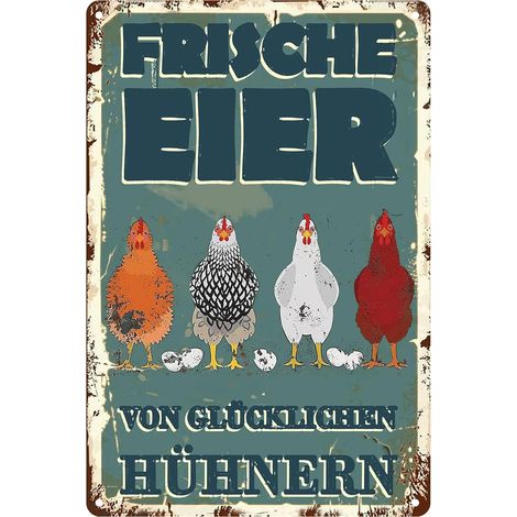 Plaque en tôle vintage - Motif œufs frais - 20 x 30 cm - Poulailler (1/5)