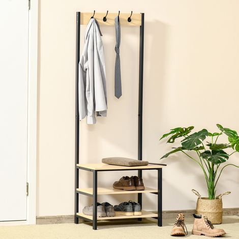 Porte-manteau métal avec rangement chaussures, 3 étagères et 4 crochets, entrée couloir, 60x40x175 cm, noir et naturel