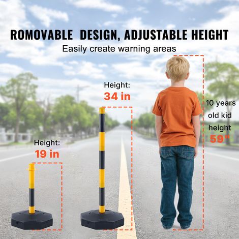 Lot de 6 bornes routières réglables avec chaîne 2,44 m, balises sécurité base remplissable pour contrôle circulation parking chantier, jaune et noir (1/5)