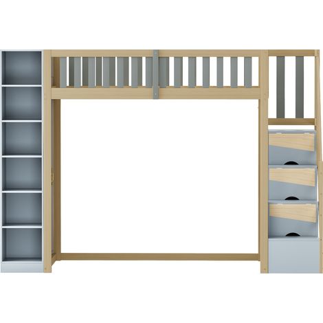 Cama alta infantil 90x200 cm con armario, estantes y escalera con almacenaje, gris y madera (1/5)