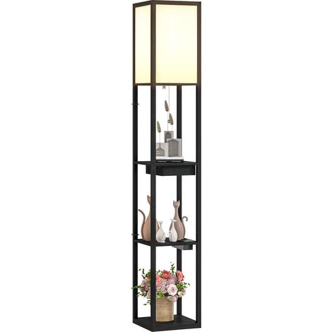 Lampadaire avec étagère à 3 niveaux, interrupteur au pied et ports USB intégrés, structure en MDF noir, design moderne et fonctionnel, idéal pour salon ou chambre (1/5)