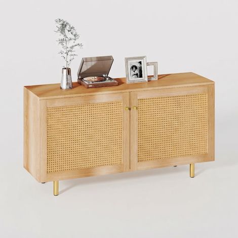 ELVMI Credenza con 2 Ante in Rattan Intrecciato, 1 Ripiano Interno e Gambe in Metallo, per Soggiorno o Sala da Pranzo, MDF, Naturale (1/5)