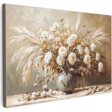 TABLEAU SUR TOILE Fleurs - Vase - Nature morte - Beige Decoration Murale Peinture Salon 120x80 cm