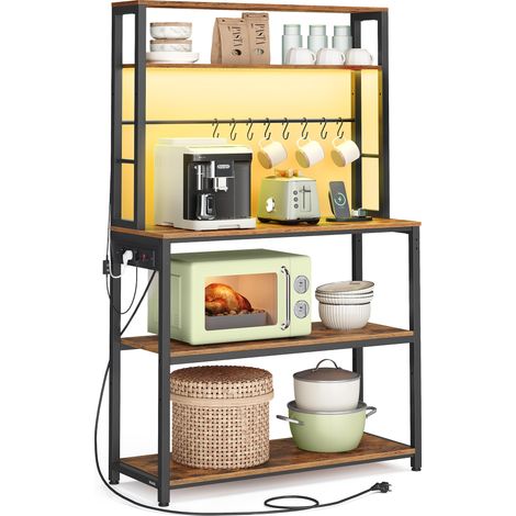 Étagère de Cuisine avec LED, Meuble de Cuisine avec Multiprise, Support pour Micro-Ondes avec Étagères Réglables, 8 Crochets, 40 x 80 x 168,4 cm, Marron Rustique et Noir d'encre KKS050KD01 (1/5)