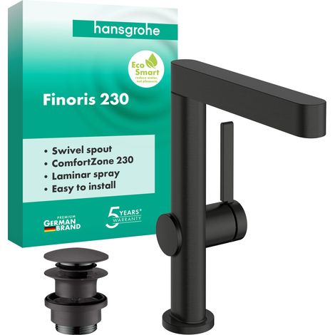 Mitigeur de lavabo avec vidage Push-Open, bec pivotant, Robinet de salle de bain avec hauteur sous bec 221 mm, max. 5l/min (EcoSmart), Noir chromé brossé, 76060340 (1/5)