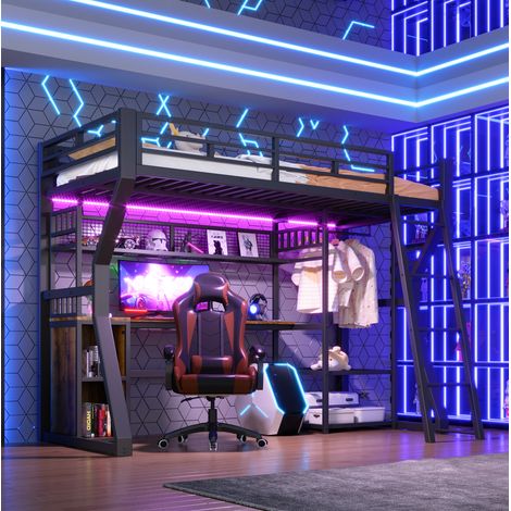DESVIAE Lit mezzanine 90 x 200 cm en métal avec bureau étagères de rangement tringle intégrée bande lumineuse prise intégrée espace ouvert sous le lit noir (1/5)