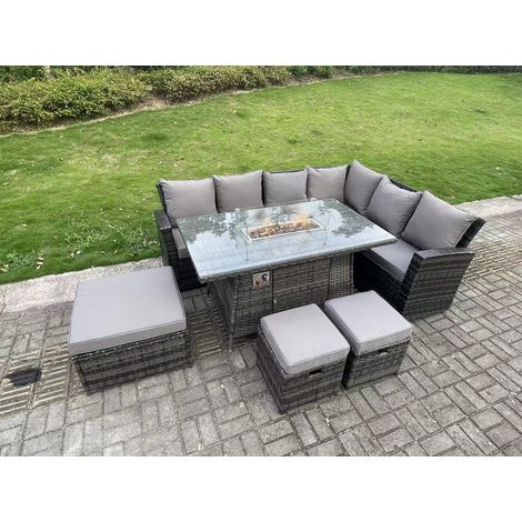 Fimous 9 Seater Outdoor High Back Rattan Gas Fire Pit Corner Sofa Set Garden Furniture Heater Dining Table Set Footstools Dark Grey Mixed Right Hand (1/3)