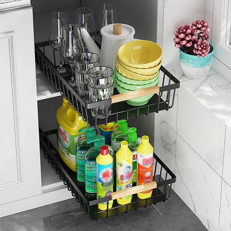 2er-Pack erweiterbarer Schrank-Organizer, Schieberegale ohne Bohren für Schränke, multifunktionaler Netz-Ausziehkorb für Küche, Speisekammer, Badezimmer, Schlafzimmer, Schwarz (1/5)