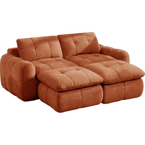 2-Sitzer modulares Sofa ohne Gestell aus orangefarbenem Chenille, mit 2 Hockern, Wolkeneffekt (1/5)