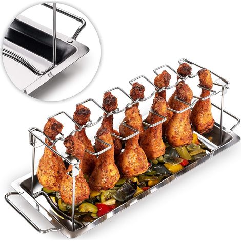 Filiyano-Grille de rôtissage BBQ Buddy en acier inoxydable avec bac récupérateur de graisse, pliable pour un rangement facile, 12 emplacements pour (1/5)