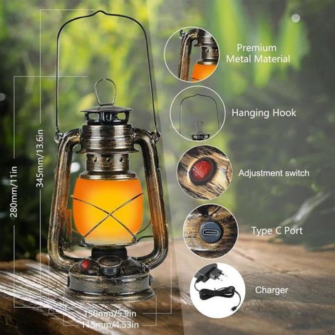 Lanterne de camping vintage - Rechargeable USB-C - LED 160LM - 3 modes d'éclairage - Autonomie 12h (1/5)