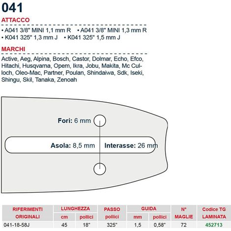 Barra motosega 45 cm - 18" passo .325" Spessore 1.5 mm - .058" attacco 041 - 452713