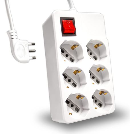 V-TAC Multipresa Elettrica 6 Posti con Interruttore e Cavo 1,5mt - 6 Prese Frontali 10/16A Bipasso Schuko - Ciabatta Presa Elettrica per Casa, Ufficio, Negozio - Spina 16A, Bianco (1/5)